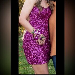 Hot Pink Sherri Hill sequin dress with backless design